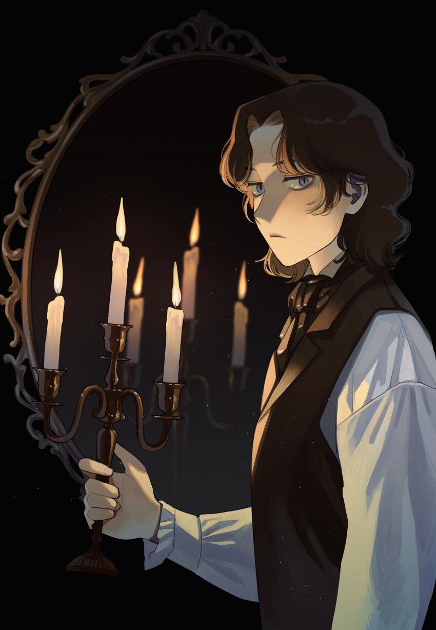 1boy, absurdres, black_vest, blue_eyes, brown_hair, candle, candlestand, commentary