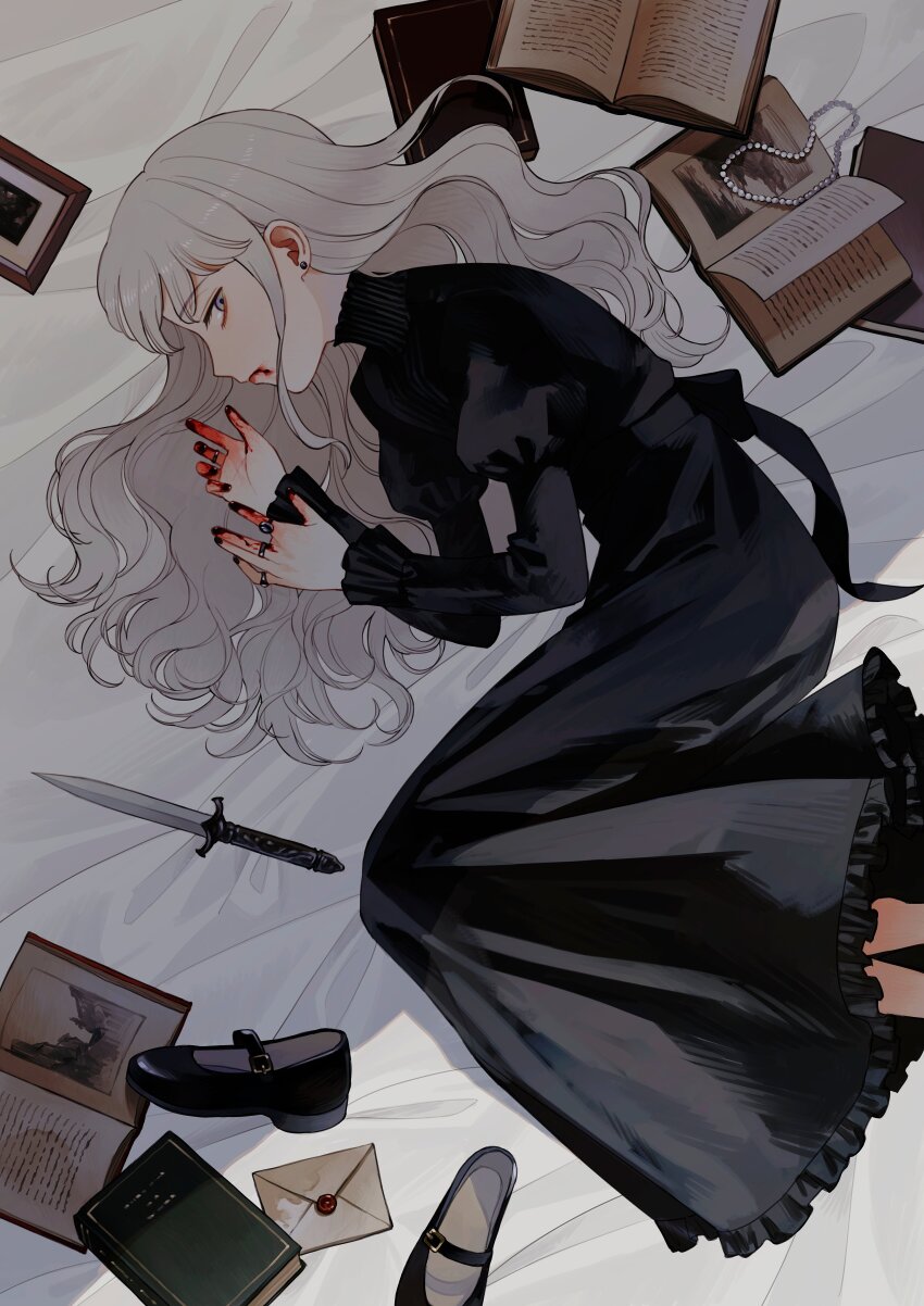 1girl, absurdres, bead_necklace, beads, black_dress, blood, blood_on_hands, book