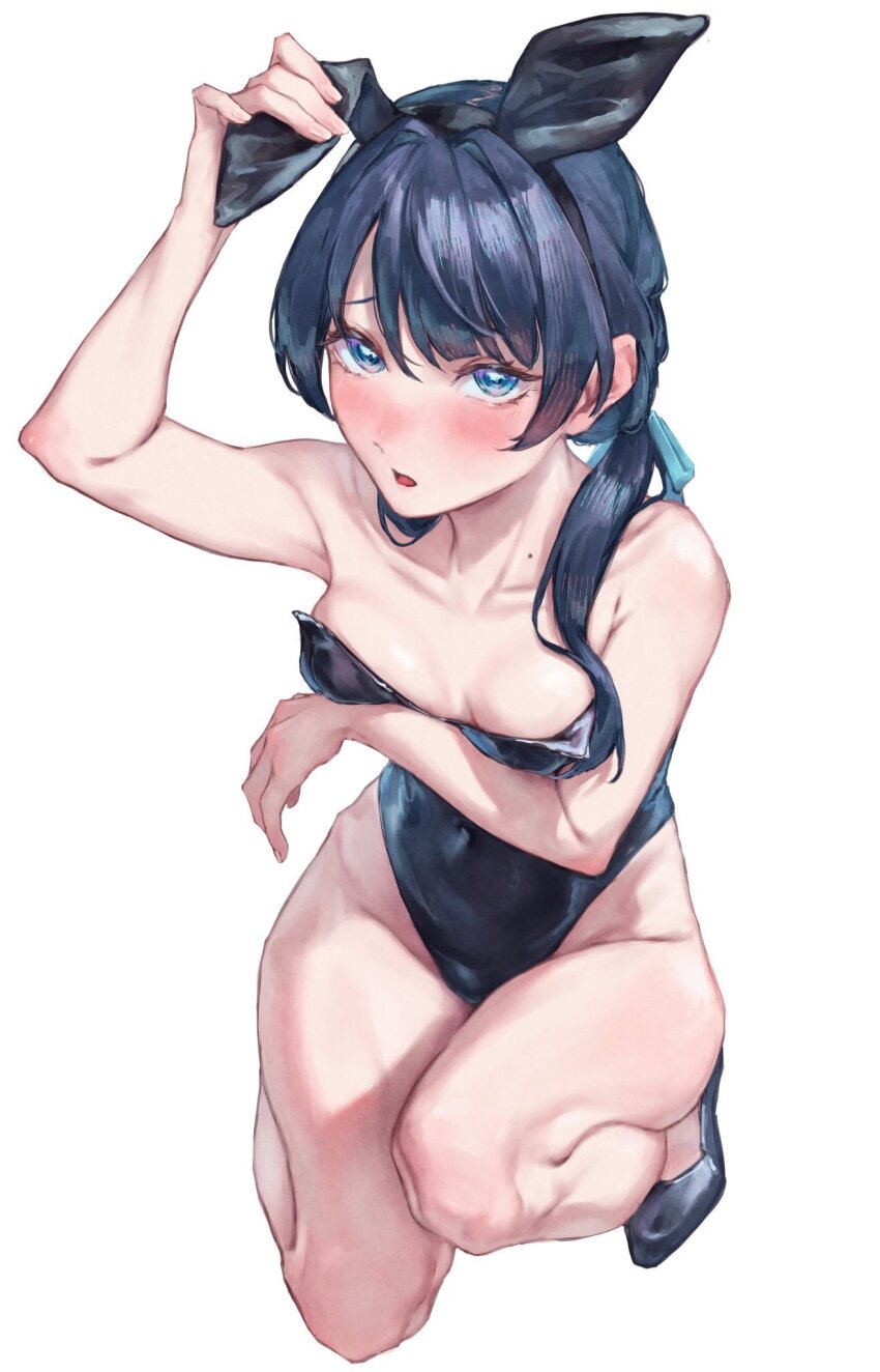 1girl, alternate_costume, bare_shoulders, black_hairband, black_leotard, black_shoes, blue_eyes, blue_hair
