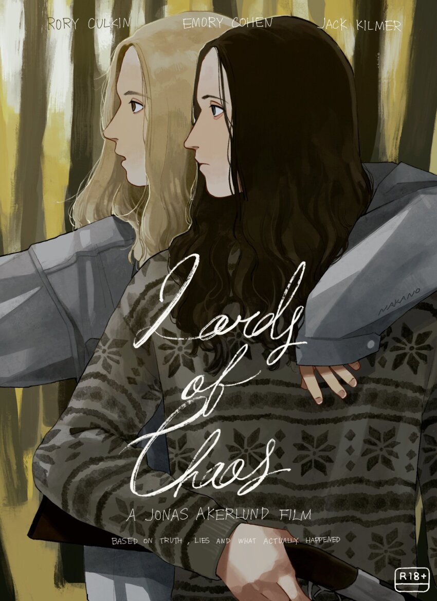 2boys, androgynous, black_hair, blonde_hair, commentary, dead_(mayhem), english_text, euronymous, forest, grey_sweater, gun, highres, holding, holding_gun, holding_weapon, long_hair, lords_of_chaos_(2018), male_focus, multiple_boys, nakano_kaworu, nature, open_mouth, poster_(medium), rifle, sleeves_past_wrists, sweater, weapon