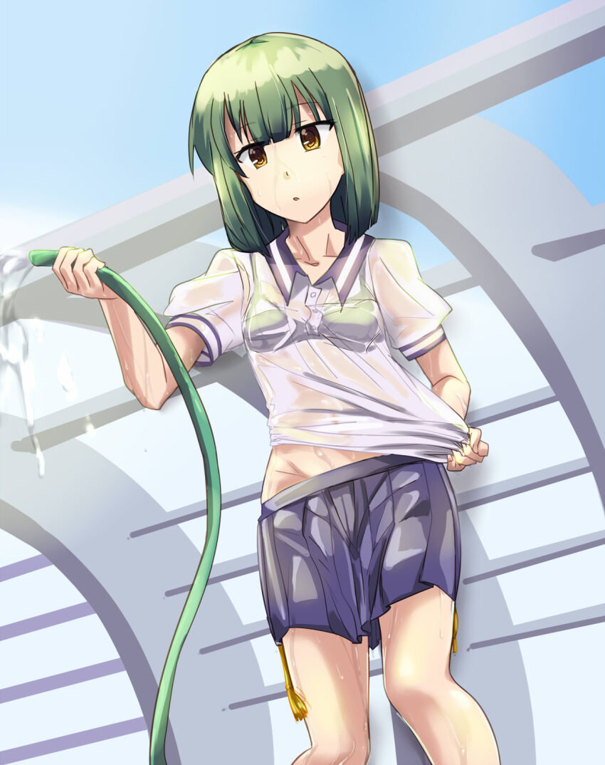 1girl, ban_tsugumi, blunt_bangs, bob_cut, bra, bra_visible_through_clothes, breasts, collarbone