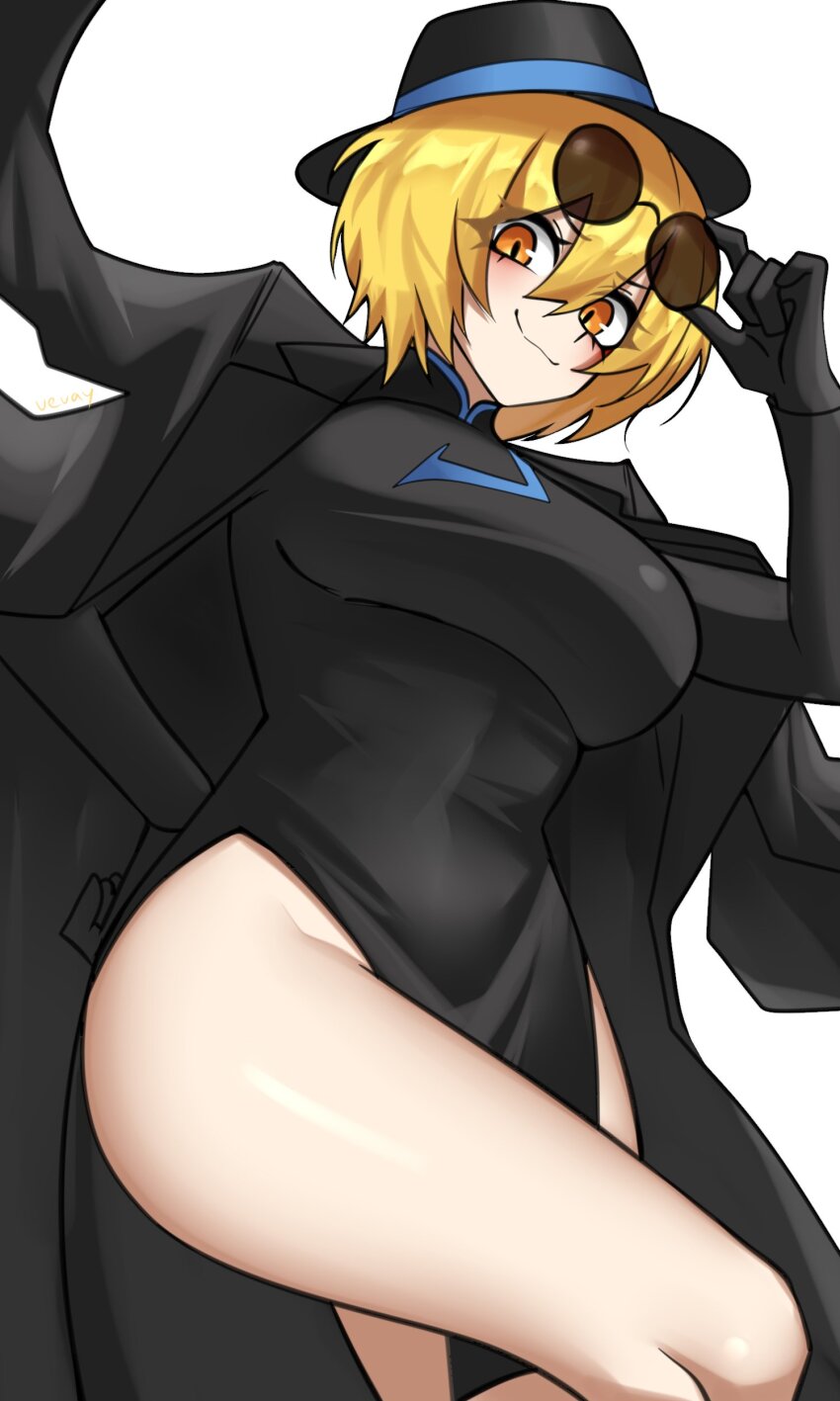 1girl, absurdres, adjusting_eyewear, black_coat, black_dress, black_gloves, black_hat, blonde_hair