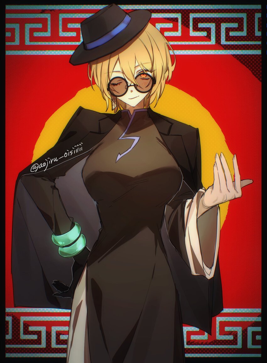 1girl, aojiru_oisiiiii, black_coat, black_dress, black_gloves, black_hat, blonde_hair, bracelet