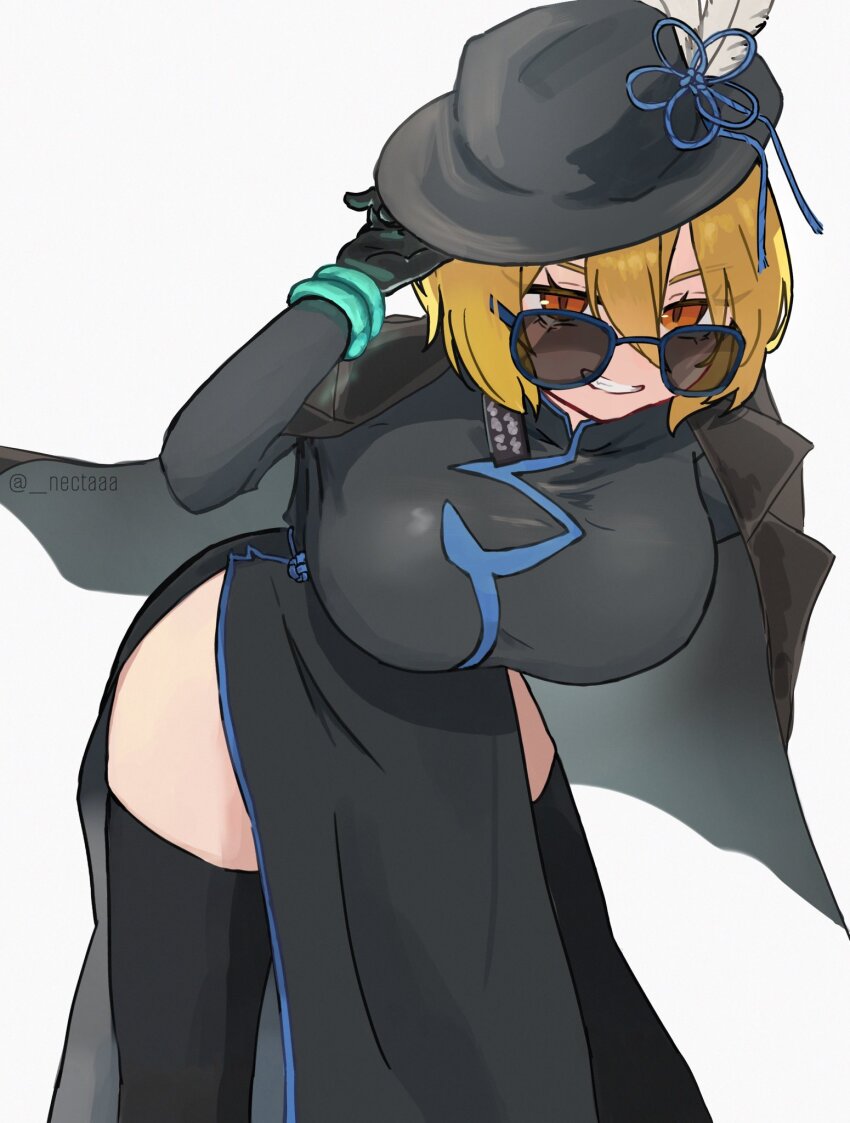 1girl, black_coat, black_dress, black_gloves, black_hat, black_thighhighs, blonde_hair, bracelet