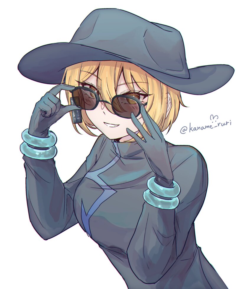 1girl, absurdres, adjusting_eyewear, black_coat, black_dress, black_gloves, black_hat, blonde_hair