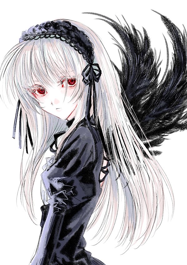 1girl, black_wings, colored_eyelashes, dress, expressionless, feathered_wings, from_side, gothic_lolita, hairband, lolita_fashion, lolita_hairband, long_hair, long_sleeves, looking_at_viewer, ngg_n, red_eyes, ribbon, rozen_maiden, simple_background, solo, suigintou, upper_body, white_background, white_hair, wings
