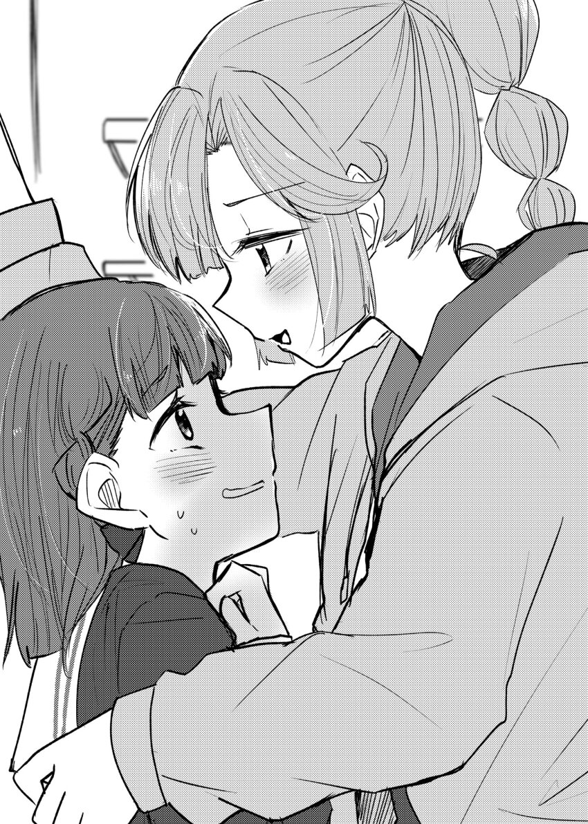 2girls, :d, ahoge, anyoji_hime, blunt_bangs, blurry, blurry_background, bow