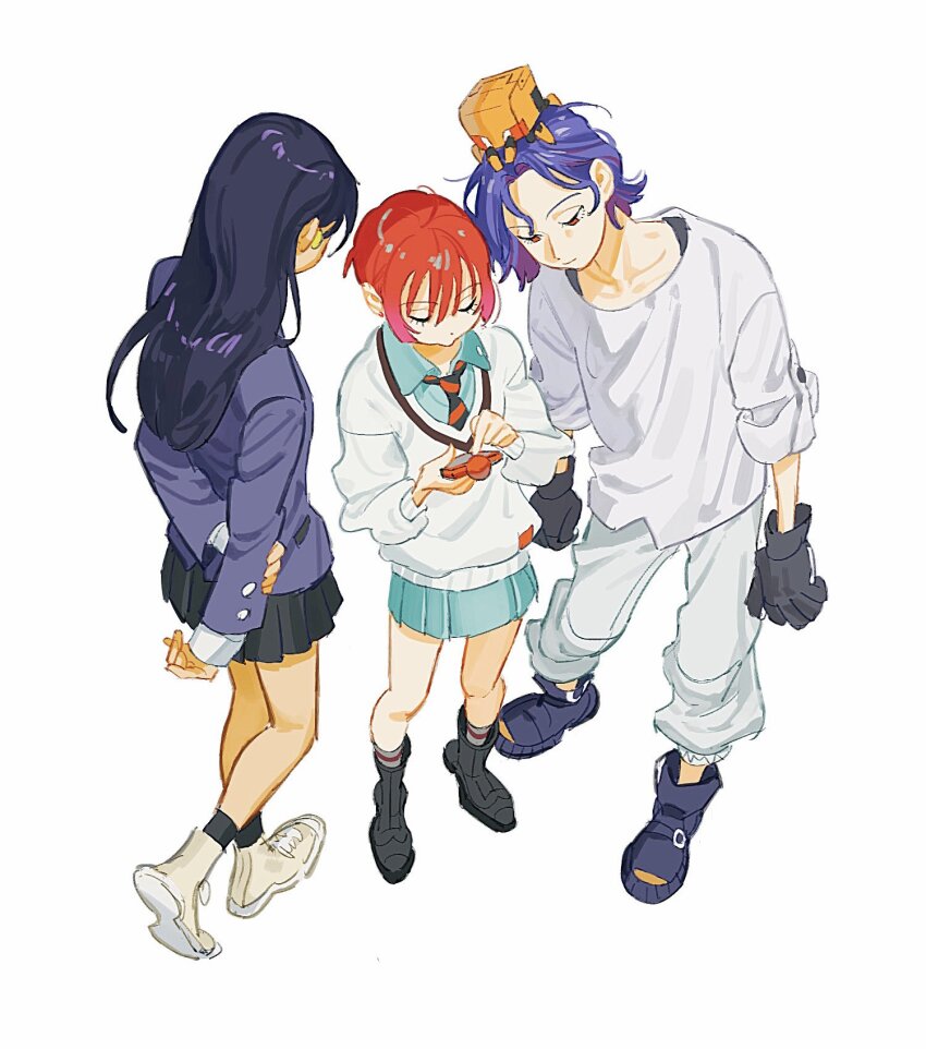 1boy, 2girls, amate_yuzuriha, blue_hair, closed_eyes, collared_shirt, colored_inner_hair, from_above, full_body, gloves, gundam, gundam_gquuuuuux, highres, holding, holding_phone, jacket, long_hair, long_sleeves, looking_at_phone, multicolored_hair, multiple_girls, necktie, non-humanoid_robot, nyaan_(gundam_gquuuuuux), pants, phone, purple_hair, red_eyes, red_hair, robot, school_uniform, shirt, shoes, short_hair, shuji_ito, simple_background, skirt, standing, sweater, tkrkve43, two-tone_hair, white_background, white_shirt, wireless_earphones, yellow_eyes