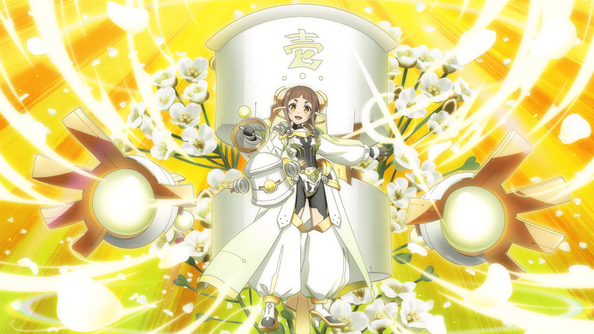 1girl, armored_bodysuit, artist_request, brown_hair, check_artist, flower, game_cg, helmet