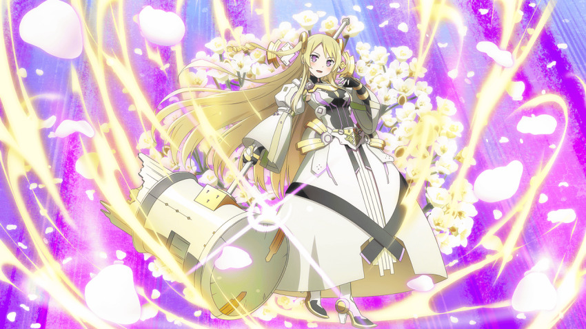 1girl, armored_bodysuit, artist_request, blonde_hair, blush, check_artist, flower, game_cg