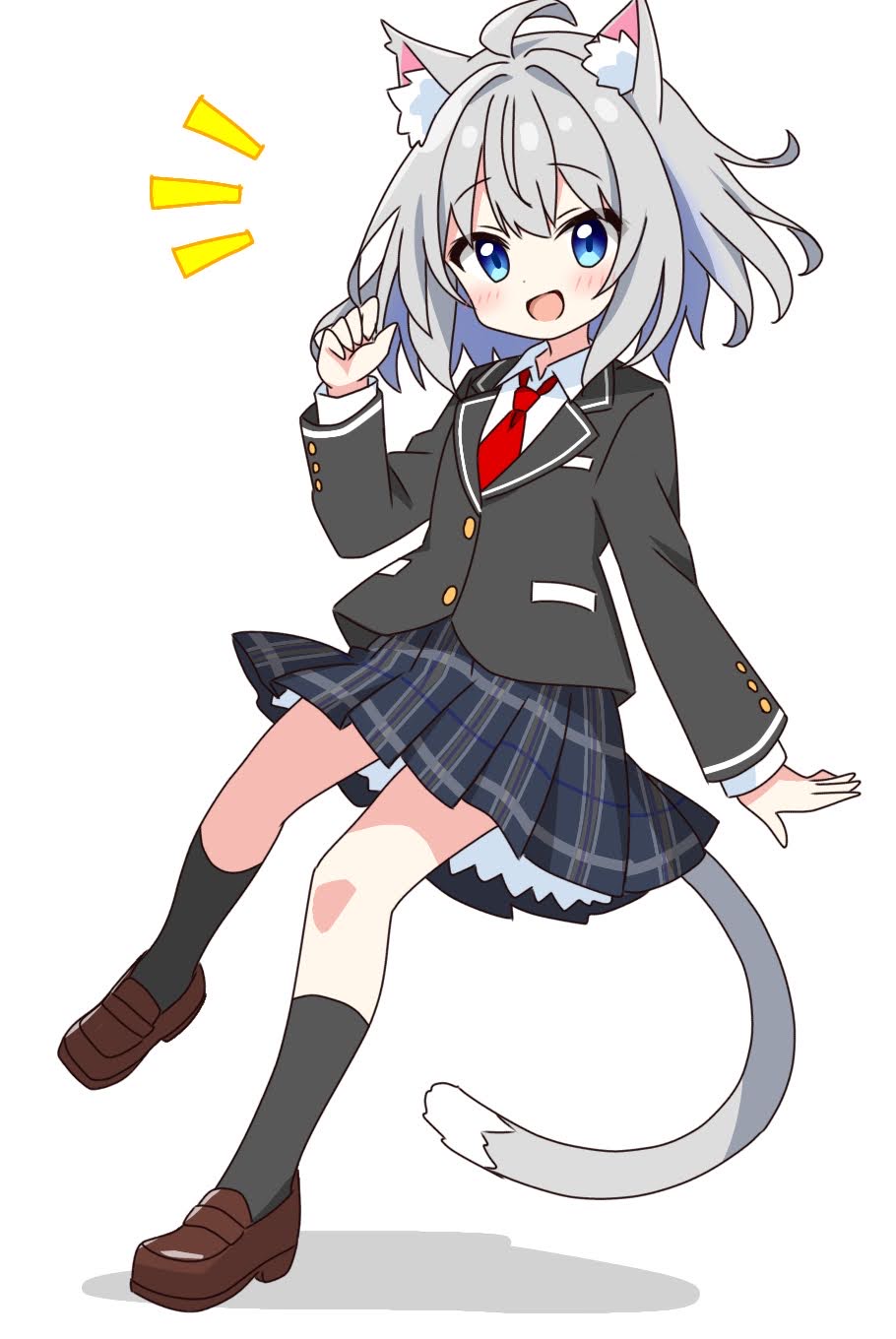 1girl, :d, ahoge, animal_ear_fluff, animal_ears, black_jacket, black_socks, blue_eyes