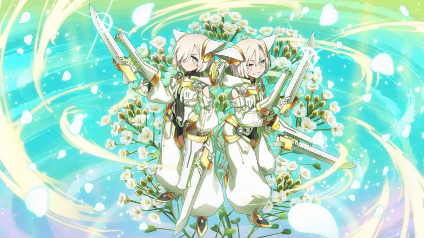 2girls, armored_bodysuit, artist_request, bayonet, check_artist, evil_smile, flower, game_cg, grey_eyes, gun, holding, holding_gun, holding_weapon, kusunoki_mebuki_wa_yuusha_de_aru, leaf, light_blush, mankai, multiple_girls, official_art, petals, sentinel_(yuusha_de_aru), short_hair, smile, weapon, white_flower, white_hair, yamabushi_shizuku, yuuki_yuuna_wa_yuusha_de_aru, yuuki_yuuna_wa_yuusha_de_aru:_hanayui_no_kirameki, yuusha_de_aru