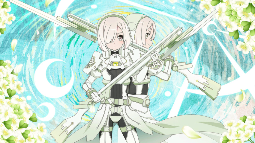 2girls, armored_bodysuit, artist_request, bayonet, check_artist, flower, game_cg, grey_eyes, gun, holding, holding_gun, holding_weapon, kusunoki_mebuki_wa_yuusha_de_aru, leaf, light_blush, multiple_girls, official_art, petals, rifle, sentinel_(yuusha_de_aru), short_hair, weapon, white_flower, white_hair, yamabushi_shizuku, yuuki_yuuna_wa_yuusha_de_aru, yuuki_yuuna_wa_yuusha_de_aru:_hanayui_no_kirameki, yuusha_de_aru