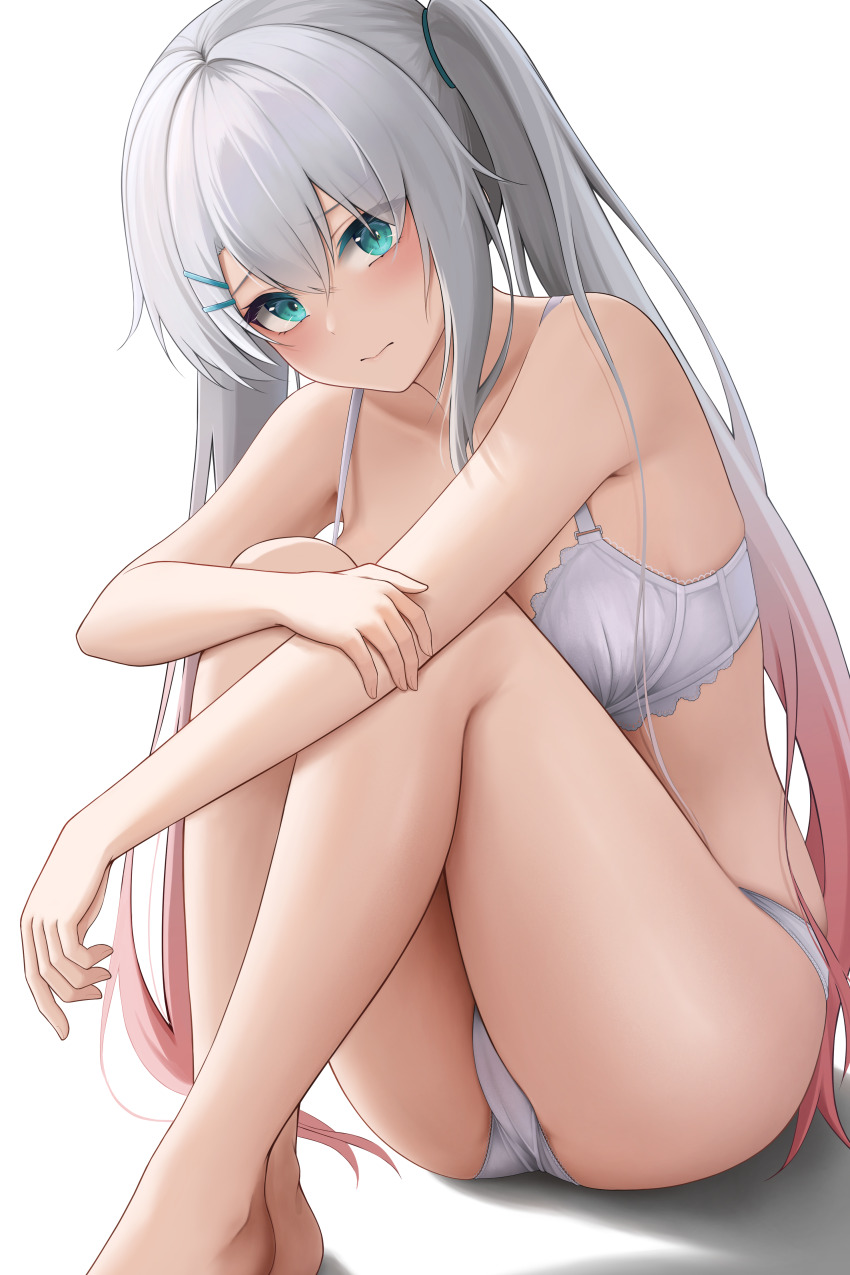 1girl, absurdres, aqua_eyes, blush, bra, breasts, closed_mouth, codename696