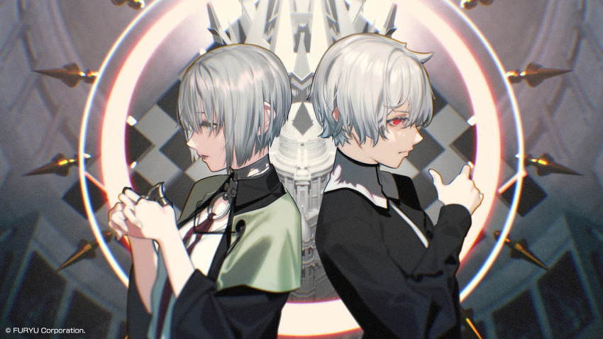 1boy, 1girl, arms_up, back-to-back, caligula_(series), caligula_2, capelet, ceiling