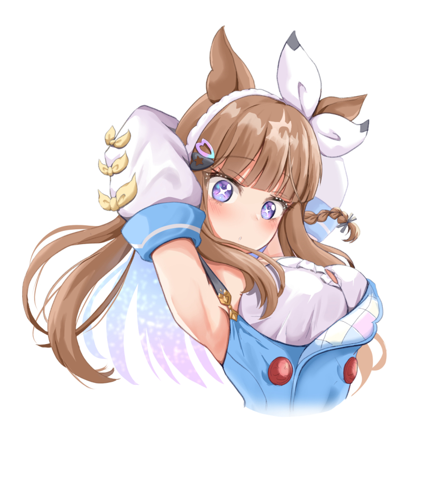 1girl, ?, almond_eye_(the_changer)_(umamusume), almond_eye_(umamusume), animal_ears, armpit_focus, armpits, arms_behind_head