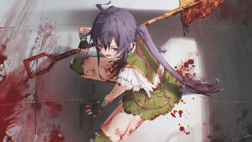 1girl, :d, blood, ebisuzawa_kurumi, fang, fingerless_gloves, gakkou_gurashi!, gloves