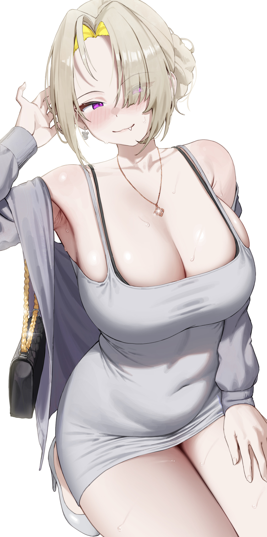 1girl, absurdres, arm_up, bag, blonde_hair, blush, breasts, cleavage
