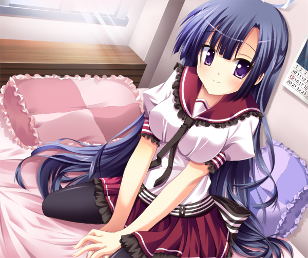 10s, 1girl, bad_id, bad_pixiv_id, bed, bed_sheet, bedroom, between_legs, black_pantyhose, blanket, blouse, blue_hair, bow, breasts, calendar_(object), dutch_angle, female_focus, frilled_pillow, frilled_skirt, frills, gero-dog, hair_ornament, hand_between_legs, hoshizora_e_kakaru_hashi, impossible_clothes, impossible_shirt, indoors, koumoto_madoka, leggings, light_rays, long_hair, looking_at_viewer, medium_breasts, necktie, own_hands_together, pantyhose, pillow, pleated_skirt, puffy_sleeves, purple_eyes, ribbon, sakuba_nao, school_uniform, serafuku, shirt, sitting, skirt, smile, solo, sunbeam, sunlight, wariza, window, windowsill