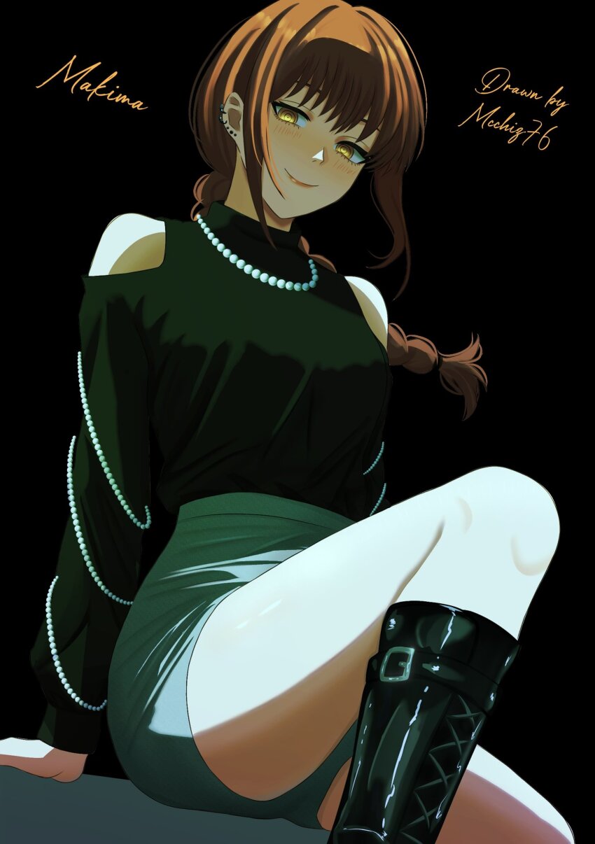 1girl, armband, bare_shoulders, bead_band, bead_necklace, beads, black_background, black_boots