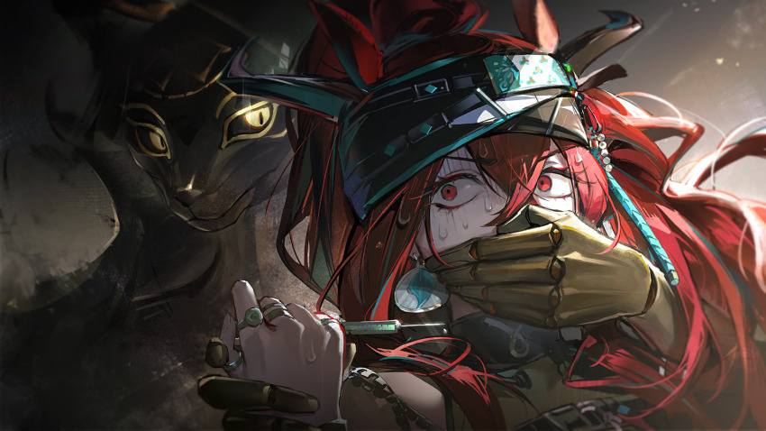 1boy, 1girl, arknights, colored_sclera, covering_another's_mouth, gagged, game_cg, hair_between_eyes, hand_gagged, hand_over_another's_mouth, highres, holding, holding_syringe, jewelry, long_hair, narantuya_(arknights), official_art, portrait, red_eyes, red_hair, ring, sweat, syringe, yellow_sclera, zubayr_(arknights)