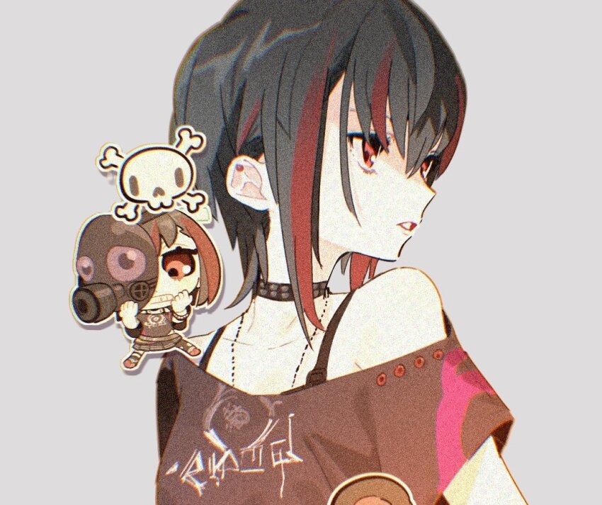 1girl, black_hair, choker, collarbone, gas_mask, heaven_burns_red, mask, mikoto_fubuki, multicolored_hair, off-shoulder_shirt, off_shoulder, red_hair, shirt, short_hair, streaked_hair, vvvv011001