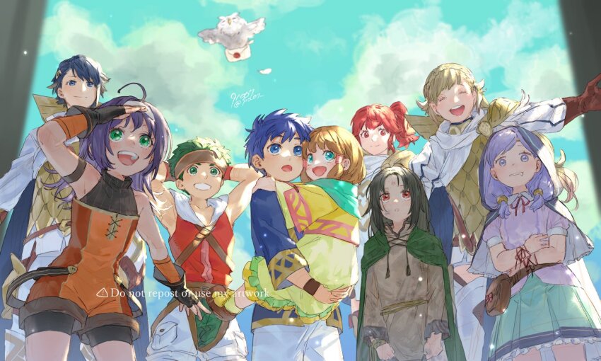 4boys, 5girls, 91007, alfonse_(fire_emblem), anna_(fire_emblem), armpits, arms_behind_head, artist_name, bird, black_hair, blonde_hair, blue_eyes, blue_hair, boyd_(fire_emblem), boyd_(future_great)_(fire_emblem), brother_and_sister, brown_hair, cape, child, commentary_request, facial_mark, feh_(fire_emblem_heroes), fire_emblem, fire_emblem:_path_of_radiance, fire_emblem_heroes, forehead_mark, green_eyes, green_hair, hair_tubes, hands_on_own_stomach, hood, hoodie, ike_(close-knit_siblings)_(fire_emblem), ike_(fire_emblem), ilyana_(awakened_appetite)_(fire_emblem), ilyana_(fire_emblem), long_hair, mia_(budding_blade)_(fire_emblem), mia_(fire_emblem), mist_(close-knit_siblings)_(fire_emblem), mist_(fire_emblem), multiple_boys, multiple_girls, nintendo, open_mouth, owl, ponytail, purple_eyes, purple_hair, red_eyes, red_hair, sharena_(fire_emblem), short_hair, siblings, sky, sleeveless, sleeveless_hoodie, soren_(fire_emblem), soren_(hushed_voice)_(fire_emblem), twitter_username