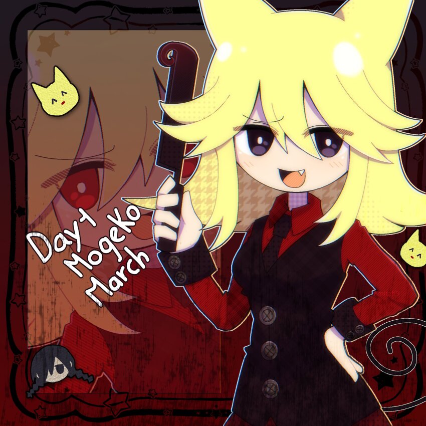 1girl, amitaff5, animal_ears, black_background, black_eyes, black_necktie, black_vest, blonde_hair, bright_pupils, buttons, cat_ears, cat_tail, chibi, chibi_inset, chromatic_aberration, collared_shirt, english_text, fang, funamusea, funamusea_(style), gradient_background, hand_on_own_hip, highres, holding, holding_knife, knife, kurai_yonaka, medium_hair, moge-ko, mogeko_(species), mogeko_castle, necktie, open_mouth, outline, red_background, red_shirt, red_theme, shirt, smile, tail, upper_body, vest, white_outline, white_pupils, zoom_layer