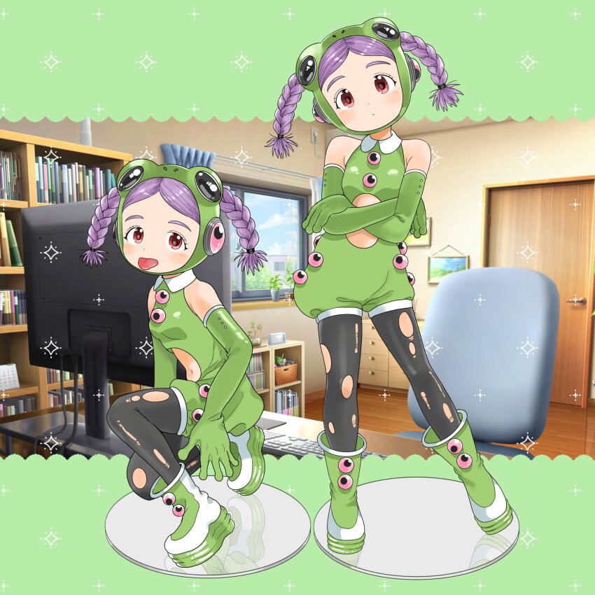 1girl, 3d_background, absurdres, animal_costume, bare_shoulders, blush, boots, braid