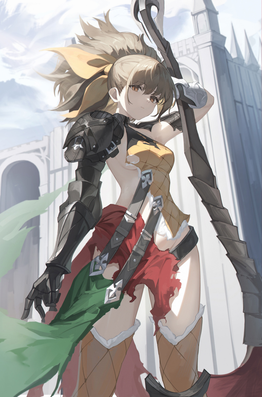 1girl, absurdres, arlin_(sin_chronicle), arm_armor, arm_up, armor, breasts, brown_eyes