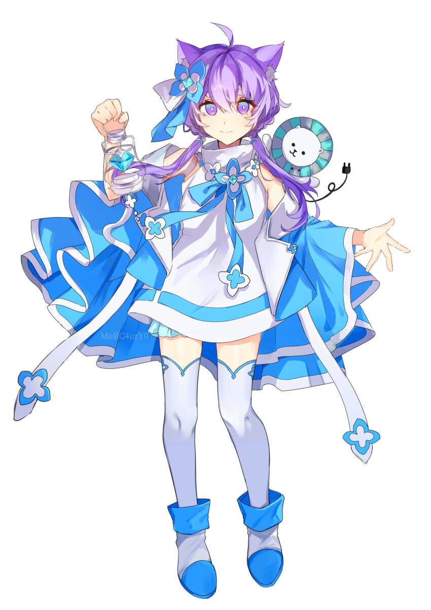 1girl, ahoge, animal_ear_fluff, animal_ears, ankle_boots, blue_boots, blue_dress, blue_jacket, blue_thighhighs, boots, cat_ears, cat_girl, chinese_commentary, closed_mouth, commentary_request, derakkuma, dress, flower, full_body, hair_flower, hair_ornament, hands_up, highres, holding, holding_lantern, jacket, lantern, looking_at_viewer, maimai_(game), merc4ury0, multicolored_boots, multicolored_jacket, multicolored_thighhighs, open_hand, purple_hair, salt_(maimai), sleeveless, sleeveless_dress, smile, solo, thighhighs, twitter_username, two-tone_boots, two-tone_dress, two-tone_jacket, two-tone_thighhighs, white_background, white_boots, white_dress, white_jacket, white_thighhighs