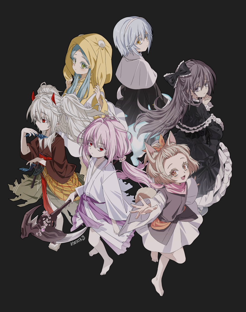 6+girls, absurdres, animal_ears, animal_hood, ash_blossom_&amp;_joyous_spring, barefoot, black_bow, black_dress, black_robe, bow, brown_eyes, brown_hair, dog_ears, dog_girl, dress, duel_monster, frilled_bow, frilled_dress, frills, ghost_belle_&amp;_haunted_mansion, ghost_mourner_&amp;_moonlit_chill, ghost_ogre_&amp;_snow_rabbit, ghost_reaper_&amp;_winter_cherries, ghost_sister_&amp;_spooky_dogwood, gothic_lolita, green_eyes, green_hair, grey_eyes, grey_hair, hair_between_eyes, hair_bow, highres, hood, horns, japanese_clothes, jewelry, kaichou_(homehome_h), kimono, lolita_fashion, long_hair, long_sleeves, looking_at_viewer, low_twintails, multiple_girls, necklace, nun, obi, open_mouth, pink_hair, pointy_ears, red_eyes, ribbon, robe, sash, scythe, short_hair, short_kimono, smile, tail, torn_clothes, traditional_nun, twintails, weapon, white_hair, wide_sleeves, yellow_eyes, yellow_hood, yu-gi-oh!
