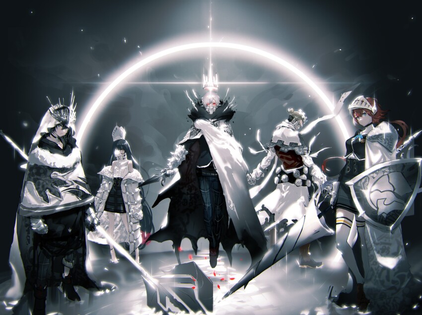 2girls, 3boys, armor, black_hair, blue_eyes, blunt_bangs, cape, cloak