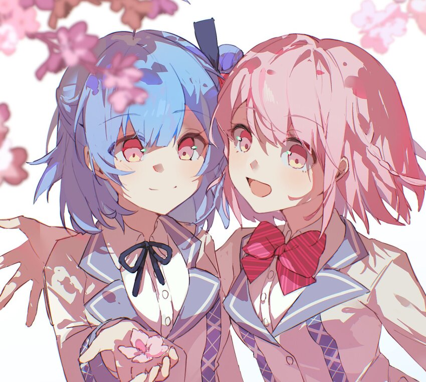 2girls, blue_hair, blurry, blurry_foreground, bow, breasts, cherry_blossoms, closed_mouth
