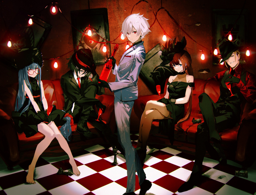 2girls, 3boys, bare_arms, bare_legs, bare_shoulders, barefoot, black_hair, blue_eyes