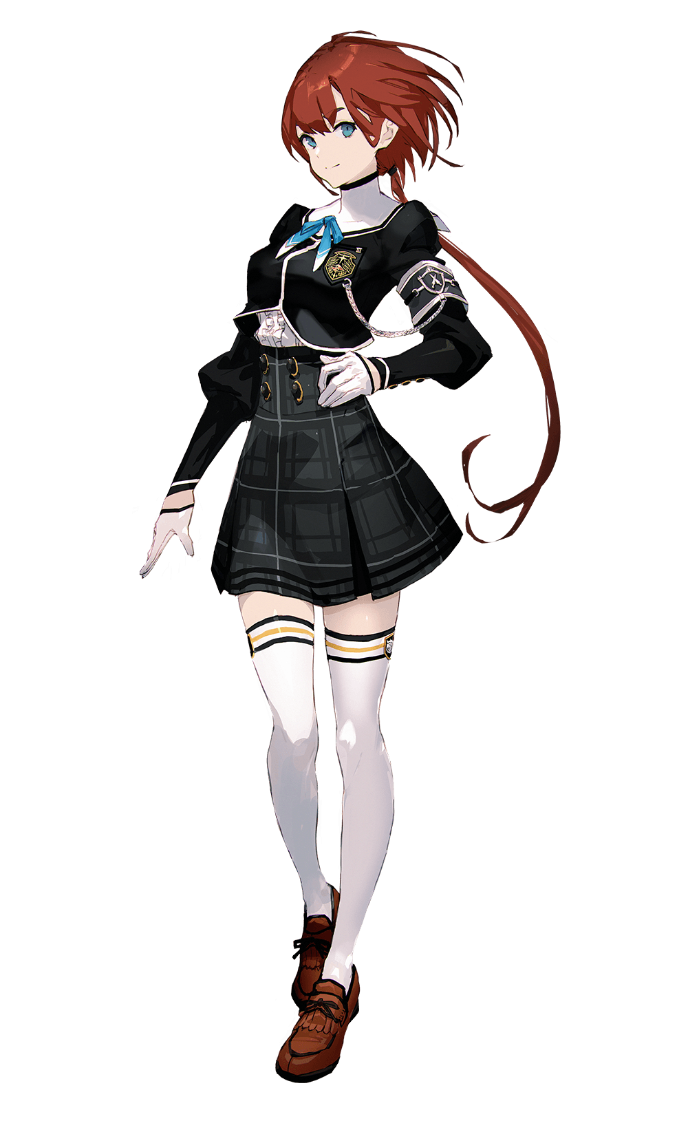 1girl, arm_up, armband, bad_source, blue_eyes, chain, cropped_jacket, dress_shoes, full_body, gloves, half_gloves, high-waist_skirt, highres, hinata_nozomi, jacket, long_hair, low_ponytail, monark, neck_ribbon, official_art, ponytail, red_hair, ribbon, simple_background, skirt, smile, so-bin, standing, thighhighs, transparent_background, turtleneck, turtleneck_jacket