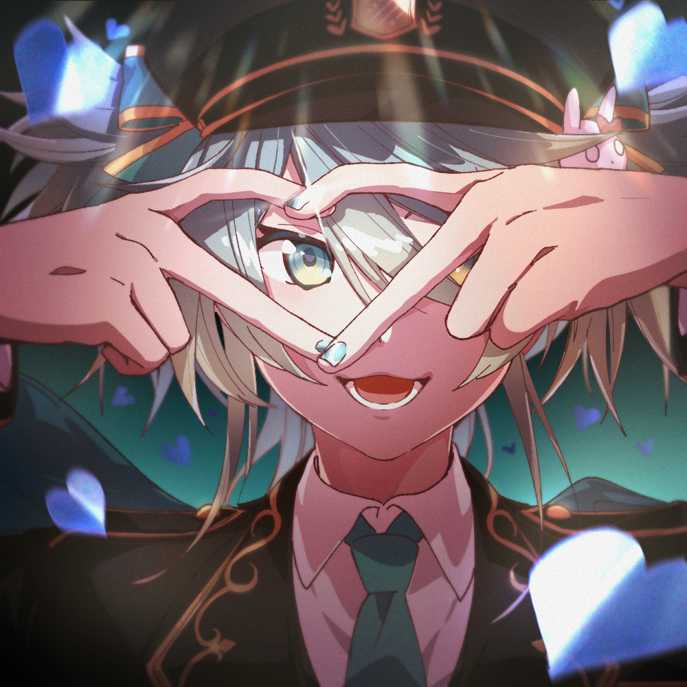 1boy, :d, aioka_(aichiu_kuchiu), alternate_costume, aqua_eyes, aqua_hair, aqua_nails, black_hat, black_jacket, cape, collared_shirt, commentary_request, confetti, eyelashes, green_background, green_necktie, hair_between_eyes, hair_ornament, hair_ribbon, hat, heart, heart_hands, heart_hands_over_eye, holostars, holostars_idol_uniform_(2nd_act), idol_clothes, jacket, kagami_kira, looking_at_viewer, lower_teeth_only, male_focus, necktie, open_mouth, peaked_cap, portrait, rabbit_hair_ornament, ribbon, shirt, smile, solo, swept_bangs, teeth, trap, twintails, two_side_up, upper_body, virtual_youtuber, white_shirt