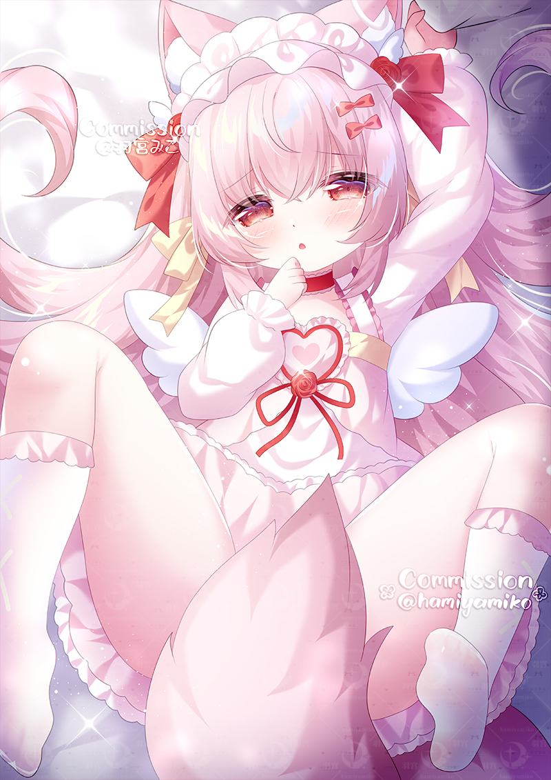 1girl, animal_ear_fluff, animal_ears, arm_up, bed_sheet, blush, commission, covering_crotch