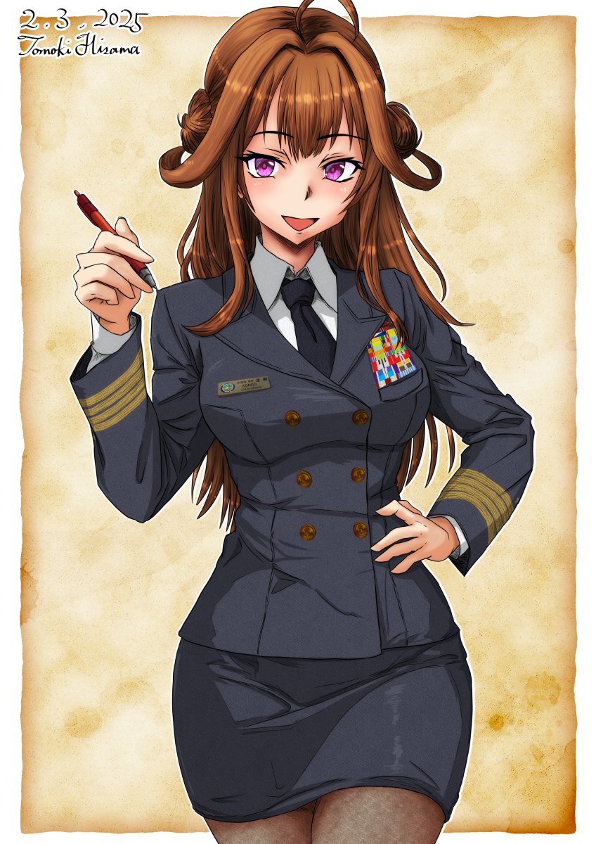 1girl, ahoge, alternate_costume, black_jacket, black_necktie, black_skirt, breasts, brown_hair