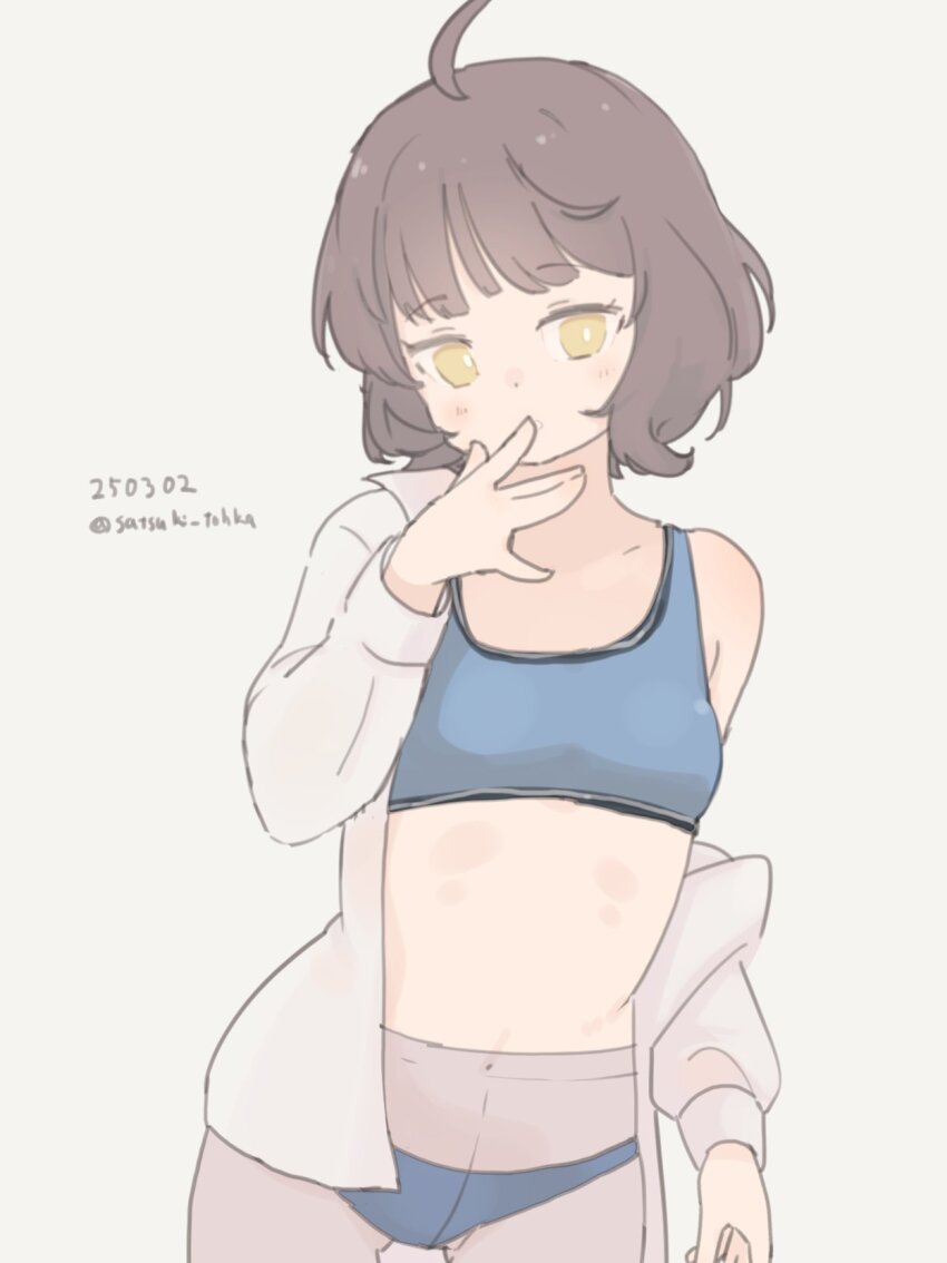 1girl, \||/, ahoge, blue_bra, blue_panties, blunt_bangs, blush, bra, brown_eyes, brown_hair, collared_shirt, commentary, cowboy_shot, dated, dress_shirt, embarrassed, grey_pantyhose, highres, kantai_collection, kishinami_(kancolle), navel, one-hour_drawing_challenge, open_clothes, open_shirt, panties, panties_under_pantyhose, pantyhose, satsuki_tooka, shirt, short_hair, simple_background, solo, sports_bra, twitter_username, underwear, wavy_hair, white_background, white_shirt