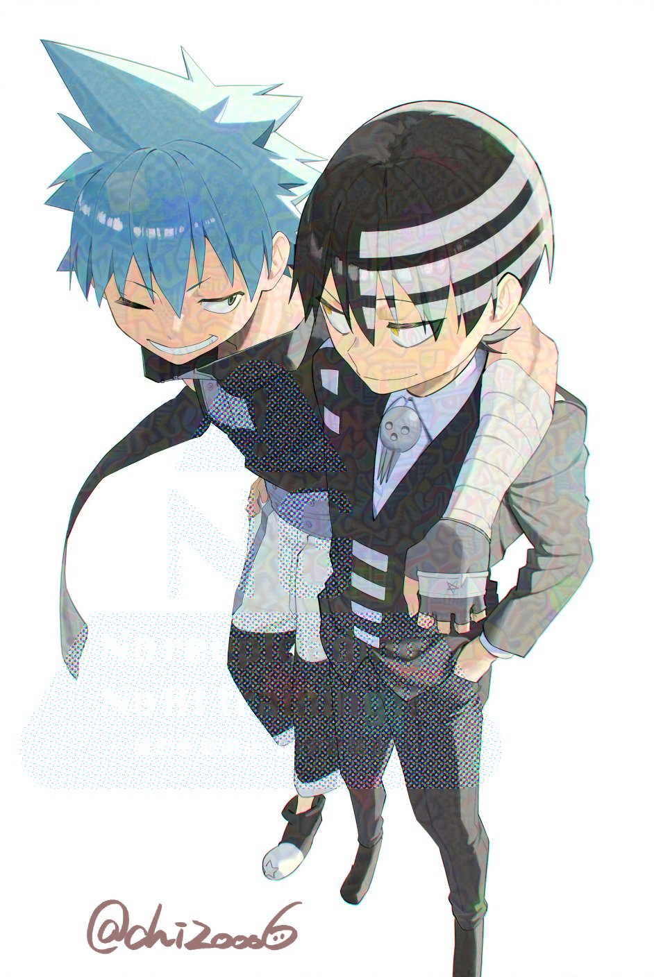 2boys, adversarial_noise, bandages, black_hair, black_star, black_suit, blue_hair, collared_shirt