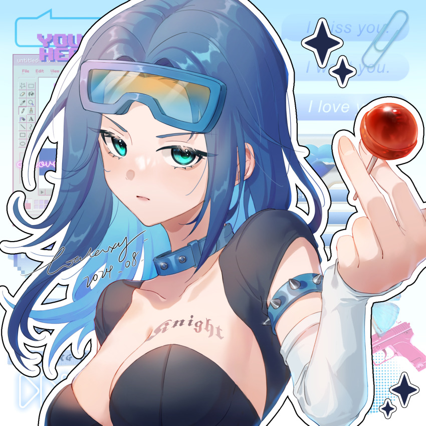 1girl, absurdres, armlet, black_collar, blue_hair, box_galaxy, bracelet, breasts