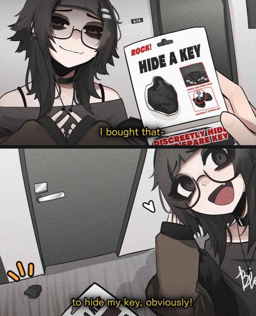 1girl, 1other, absurdres, apartment, bare_shoulders, black_eyes, black_eyeshadow, black_hair