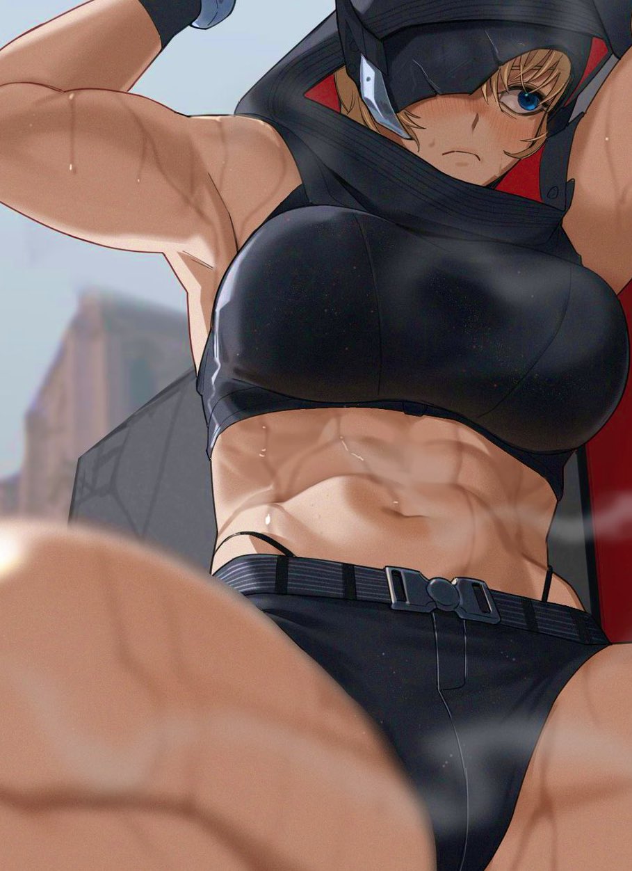 1girl, abs, arms_up, averting_eyes, biceps, black_shirt, black_shorts, blonde_hair