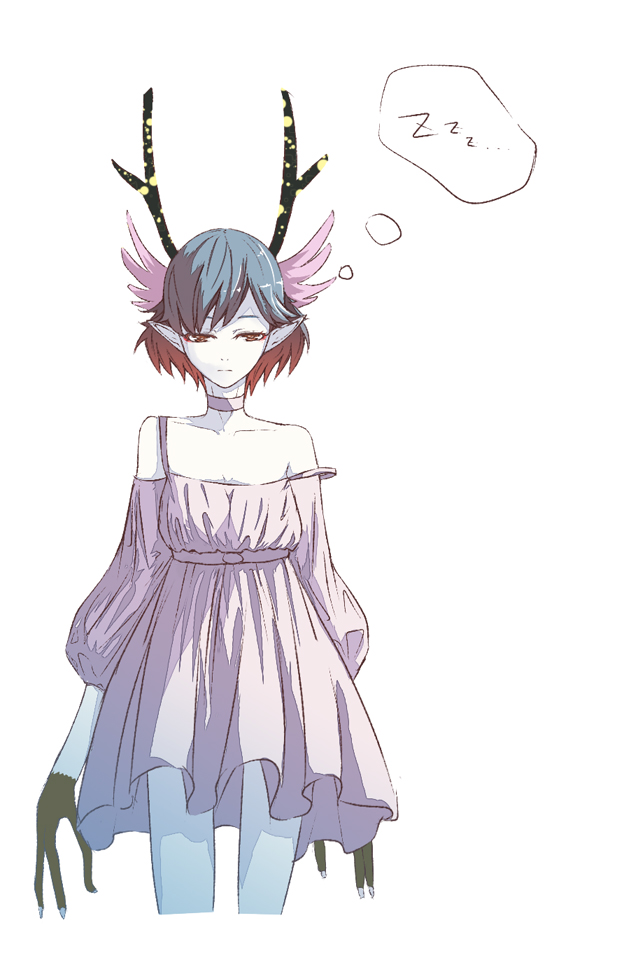 10s, 1girl, antlers, bare_shoulders, blue_hair, bob_cut, c_(control), choker
