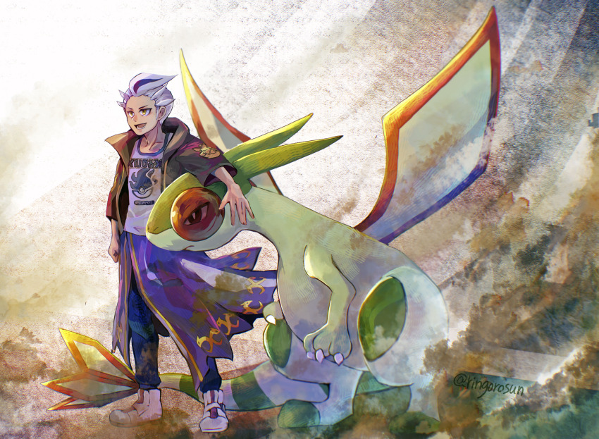 1boy, blue_pants, commentary_request, drayton_(pokemon), flygon, gen_3_pokemon, highres, jacket, lower_teeth_only, male_focus, multicolored_hair, nintendo, open_clothes, open_jacket, open_mouth, pants, pokemon, pokemon_(creature), pokemon_scarlet_and_violet, ringorowasabi, shirt, shoes, short_sleeves, standing, streaked_hair, teeth, tongue, white_shoes