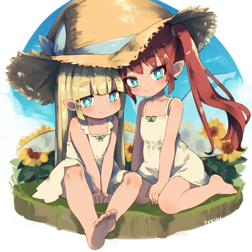 2girls, absurdres, artist_name, bare_arms, bare_shoulders, barefoot, between_legs, blonde_hair