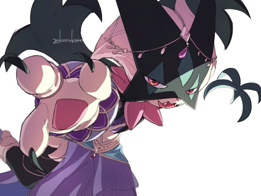 artist_name, body_fur, cat, clothed_pokemon, cowboy_shot, eye_mask, fangs, green_fur