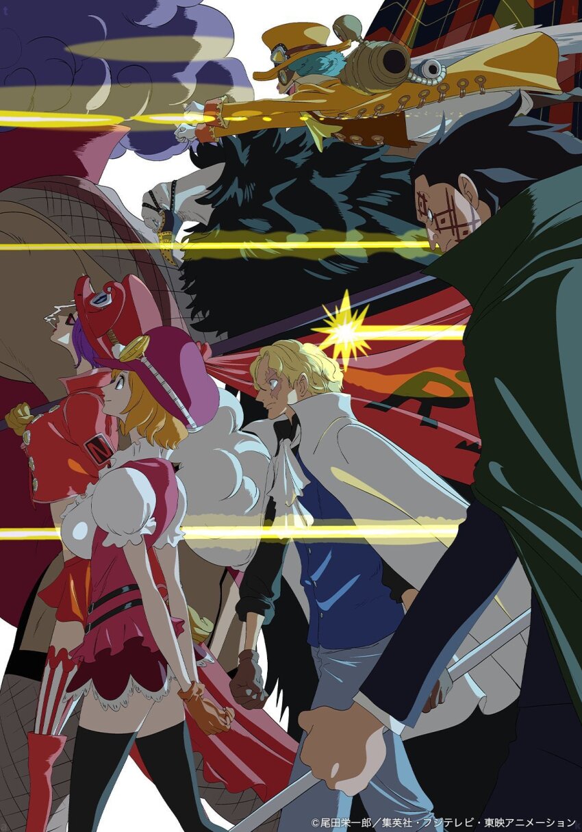 2girls, 6+boys, arms_behind_back, bald, belo_betty, black_hair, black_thighhighs, blonde_hair