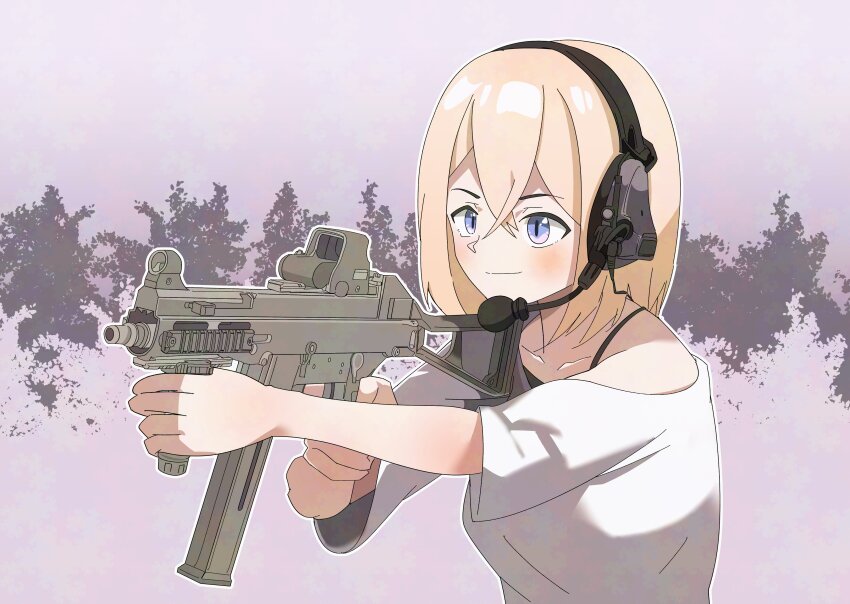 1girl, absurdres, aiming, bare_shoulders, black_camisole, blue_eyes, camisole, closed_mouth